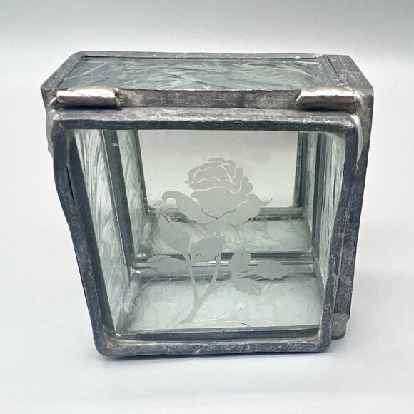 Textured Clear Glass Jewelry Trinket Box Hinged Etched Rose Design 2.5" x 2.5" - Picture 1 of 9